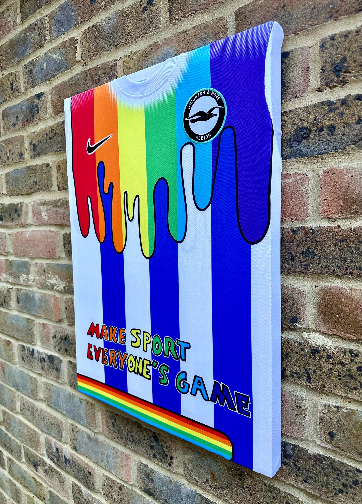 Brighton and hove Albion special pride edition pre match football shirt memorabilia canvas in rainbow colours in support of lgbtq