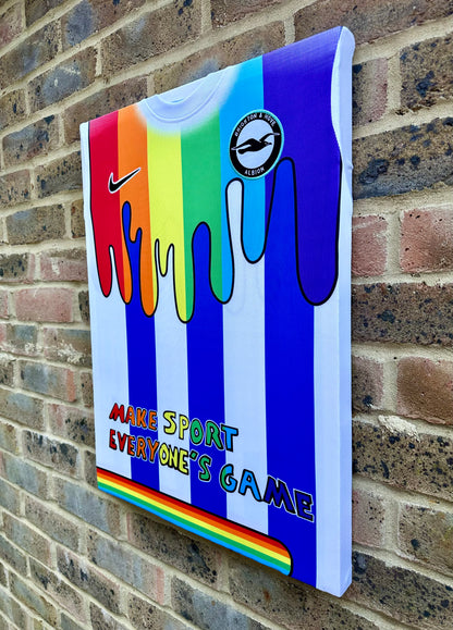 Brighton and hove Albion special pride edition pre match football shirt memorabilia canvas in rainbow colours in support of lgbtq