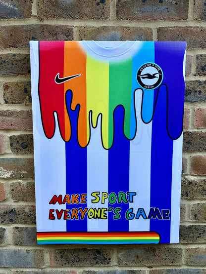 Brighton and hove Albion special pride edition pre match football shirt memorabilia canvas in rainbow colours in support of lgbtq